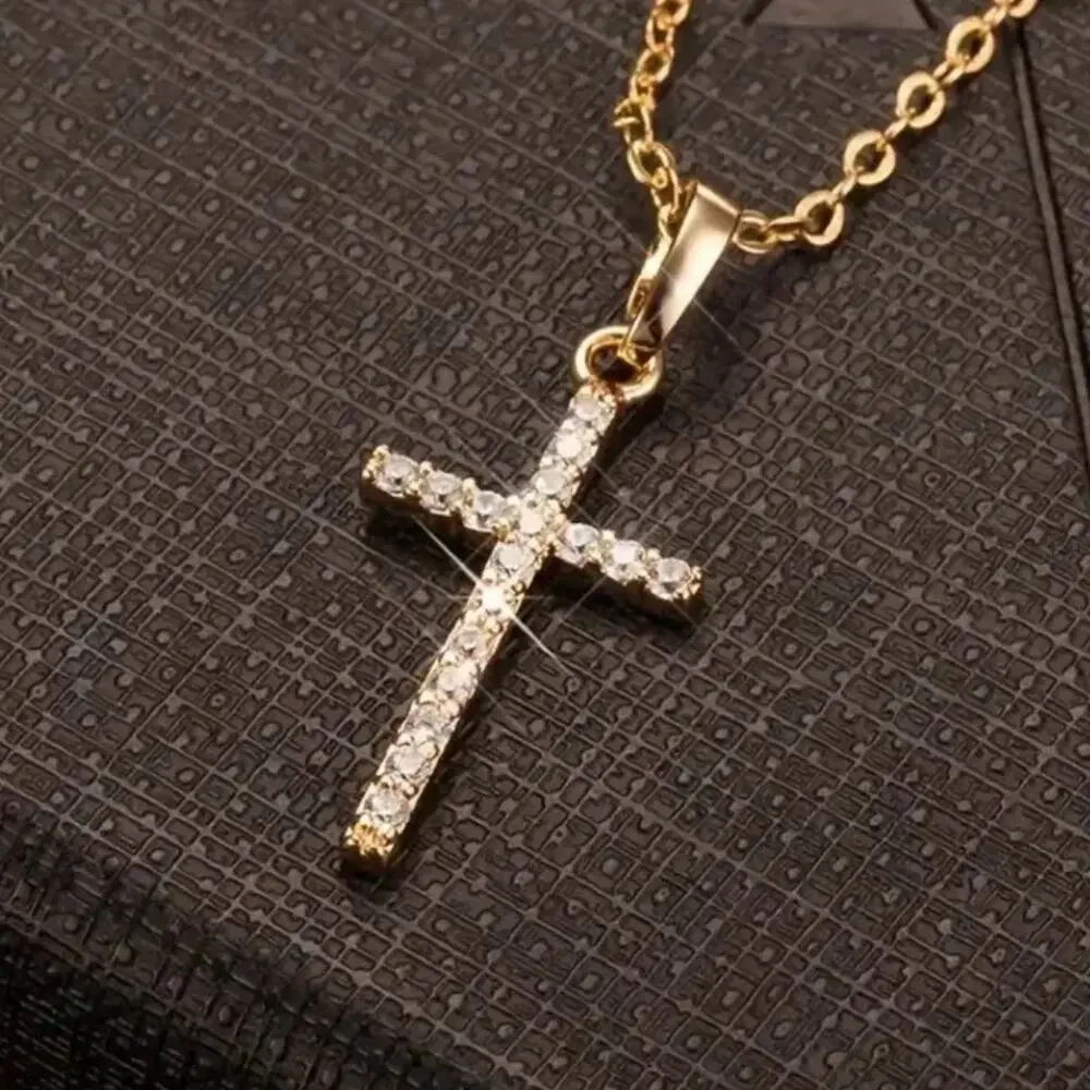 Gold Cross Pendant Necklace CZ Diamonds Valentine's Birthday Anniversary Gift